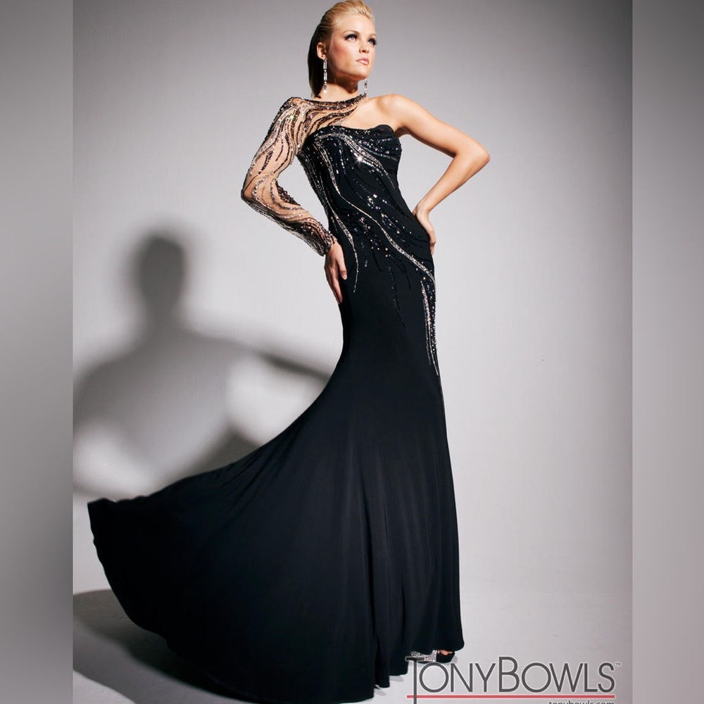 Tony Bowls One Shoulder Black Sequin Evening Dress Size 2